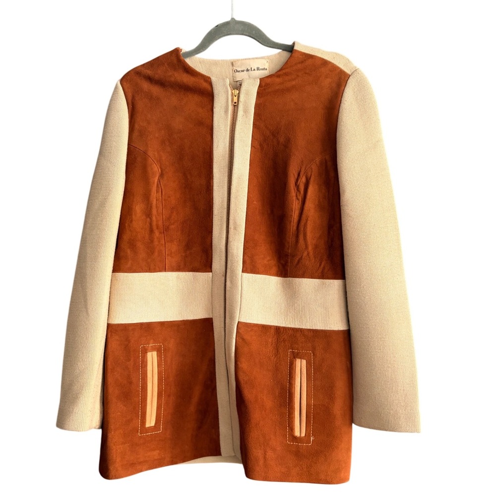 Vintage Oscar de la Renta Suede Knit Jacket‎ Coat Tan Brown Oversized